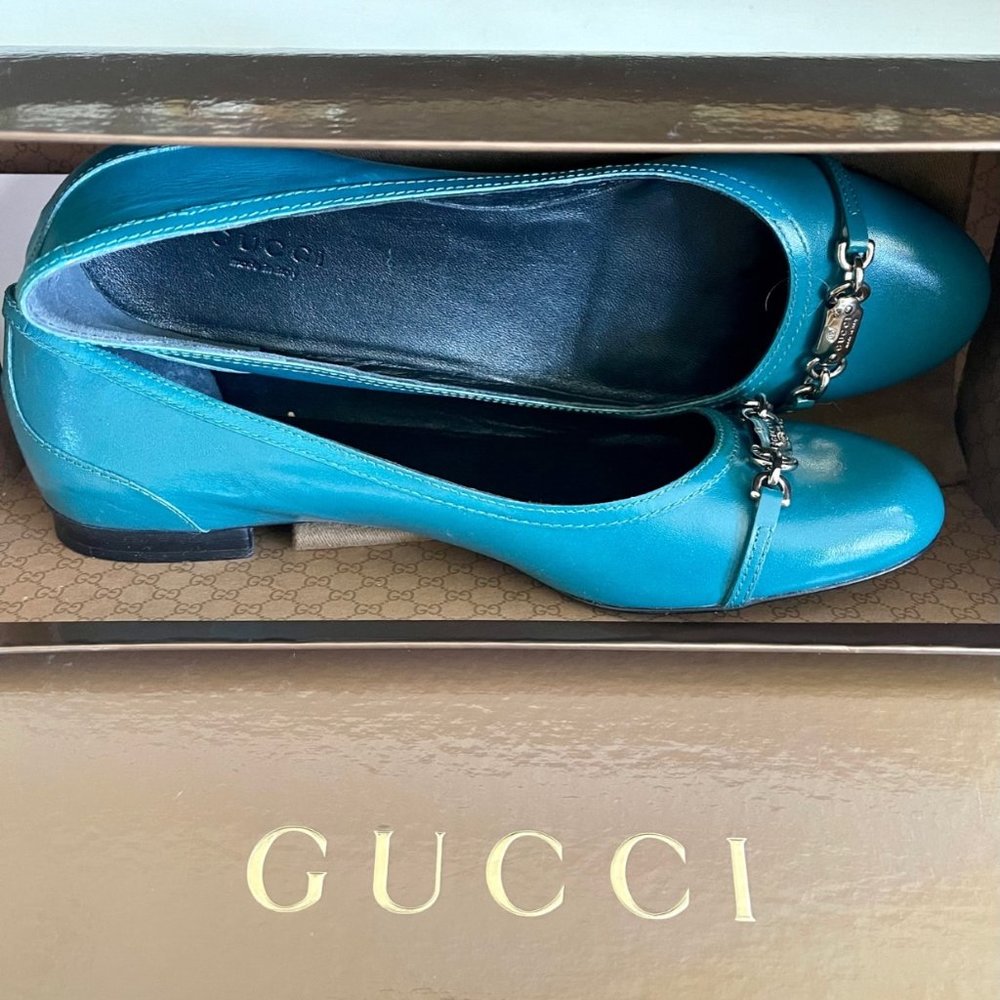 Brand New GUCCI Flats SHOES Bag Box AUTHENTIC turquoise LEATHERT Italy size 38